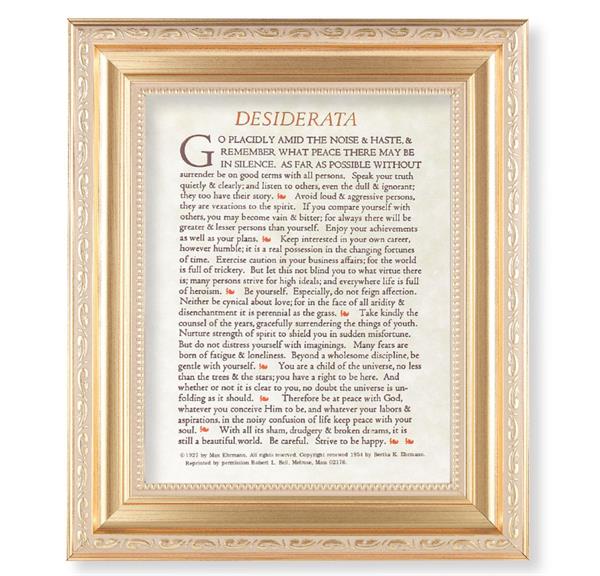 Desiderata Go Placidly Prayer, 11.5"x13.5" Satin Gold Frame, Distressed Finish with Scrollwork, Italian Print Under Glass # 26498