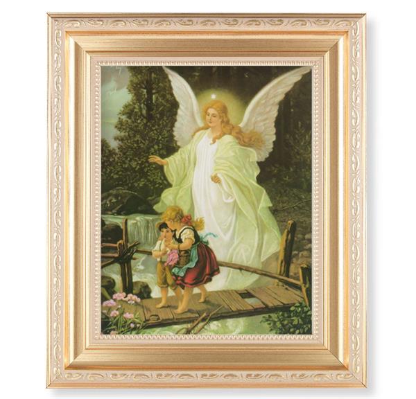 Guadian Angel with Children, 11.5"x13.5" Satin Gold Frame, Distressed Finish with Scrollwork, Italian Print Under Glass # 26499