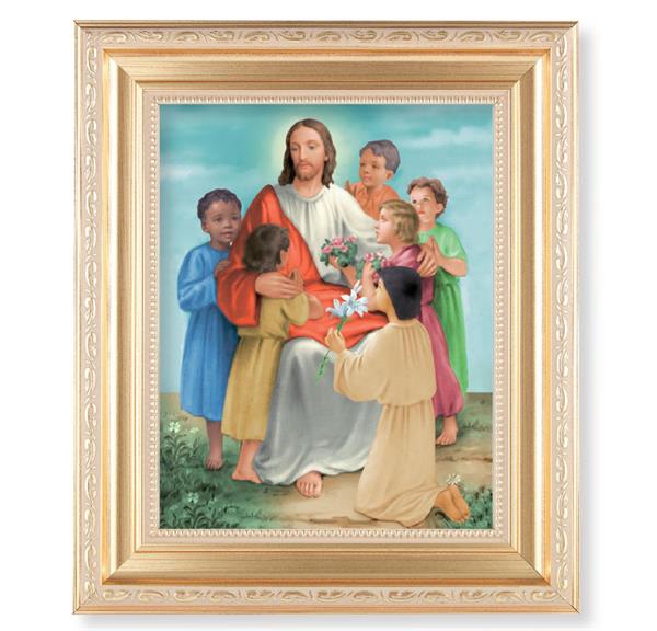 Jesus with Children, 11.5"x13.5" Satin Gold Frame, Distressed Finish with Scrollwork, Italian Print Under Glass # 26500