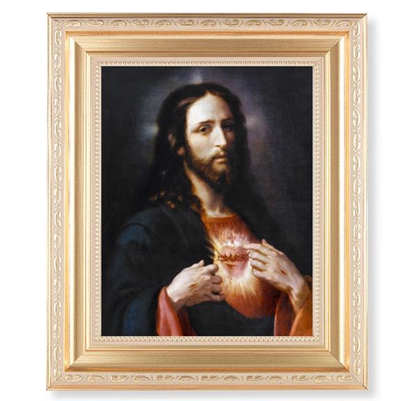 Ponce: Sacred Heart of Jesus, 11.5"x13.5" Satin Gold Frame, Distressed Finish with Scrollwork, Italian Print Under Glass # 26503