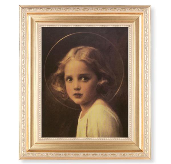 Chambers: Mary Most Holy, 11.5"x13.5" Satin Gold Frame, Distressed Finish with Scrollwork, Italian Print Under Glass # 26506