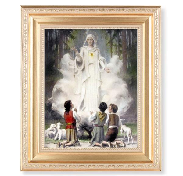 Our Lady of Fatima, 11.5"x13.5" Satin Gold Frame, Distressed Finish with Scrollwork, Italian Print Under Glass # 26507
