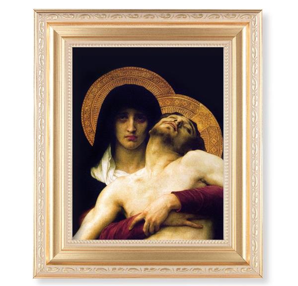 Bouguereau: Pieta, 11.5"x13.5" Satin Gold Frame, Distressed Finish with Scrollwork, Italian Print Under Glass # 26508