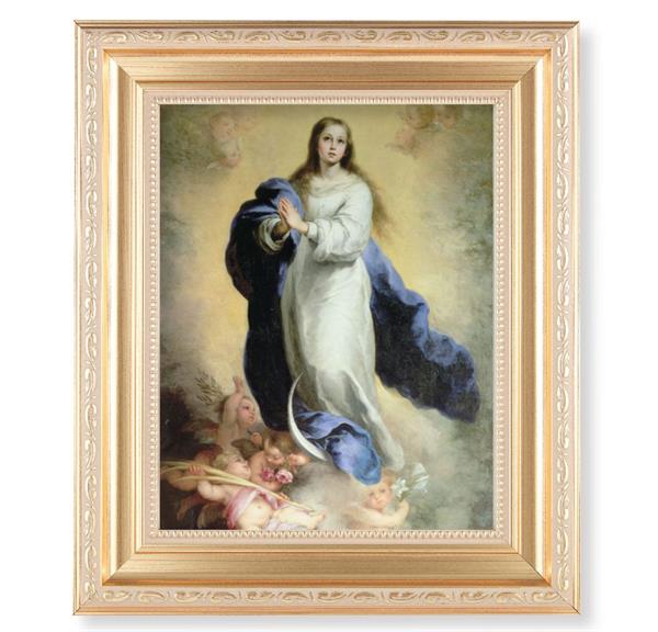 Murillo: The Immaculate Conception, 11.5"x13.5" Satin Gold Frame, Distressed Finish with Scrollwork, Italian Print Under Glass # 26509
