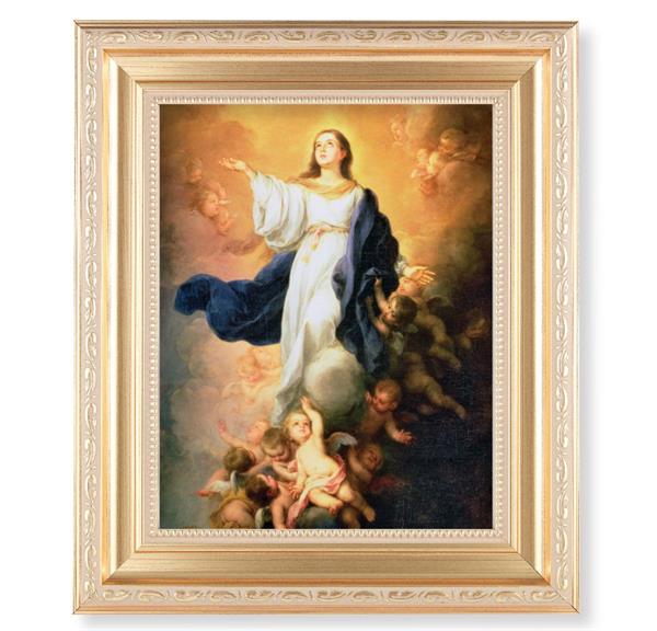 Murillo: The Immaculate Conception, 11.5"x13.5" Satin Gold Frame, Distressed Finish with Scrollwork, Italian Print Under Glass # 26510