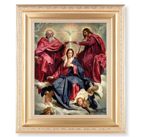 Crowning of Mary, 11.5"x13.5" Satin Gold Frame, Distressed Finish with Scrollwork, Italian Print Under Glass # 26514