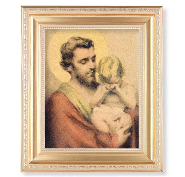 Chambers: St. Joseph with Crying Jesus, 11.5"x13.5" Satin Gold Frame, Distressed Finish with Scrollwork, Italian Print Under Glass # 26515