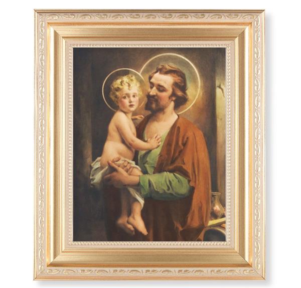 Chambers: St. Joseph & Child Jesus, 11.5"x13.5" Satin Gold Frame, Distressed Finish with Scrollwork, Italian Print Under Glass # 26516