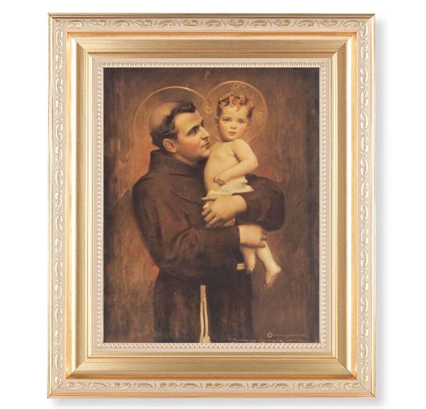 Chambers: St. Anthony & Child Jesus, 11.5"x13.5" Satin Gold Frame, Distressed Finish with Scrollwork, Italian Print Under Glass # 26517