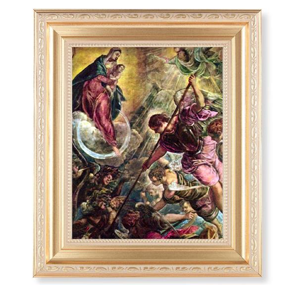 The Battle of Archangel Michael, 11.5"x13.5" Satin Gold Frame, Distressed Finish with Scrollwork, Italian Print Under Glass # 26518