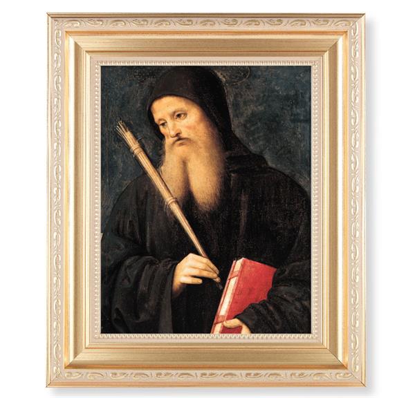 Perugino: St. Benedict, 11.5"x13.5" Satin Gold Frame, Distressed Finish with Scrollwork, Italian Print Under Glass # 26519