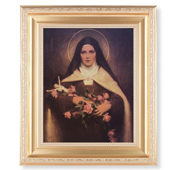 Chambers: St. Therese of Lisieux, 11.5"x13.5" Satin Gold Frame, Distressed Finish with Scrollwork, Italian Print Under Glass # 26520