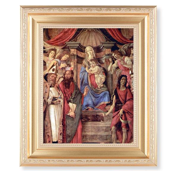 Madonna Enthroned with Angels & Saints, 11.5"x13.5" Satin Gold Frame, Distressed Finish with Scrollwork, Italian Print Under Glass # 26521