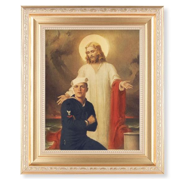Chambers: Jesus Christ with Sailor, 11.5"x13.5" Satin Gold Frame, Distressed Finish with Scrollwork, Italian Print Under Glass # 26522