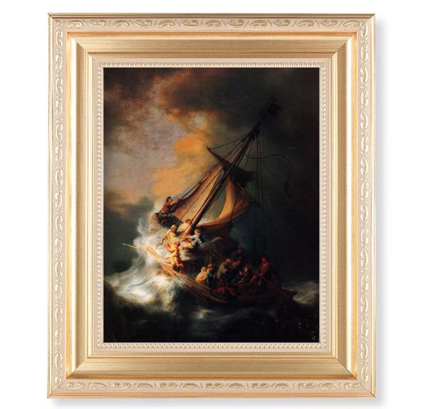 Rembrandt: The Storm of Sea of Galilee, 11.5"x13.5" Satin Gold Frame, Distressed Finish with Scrollwork, Italian Print Under Glass # 26525