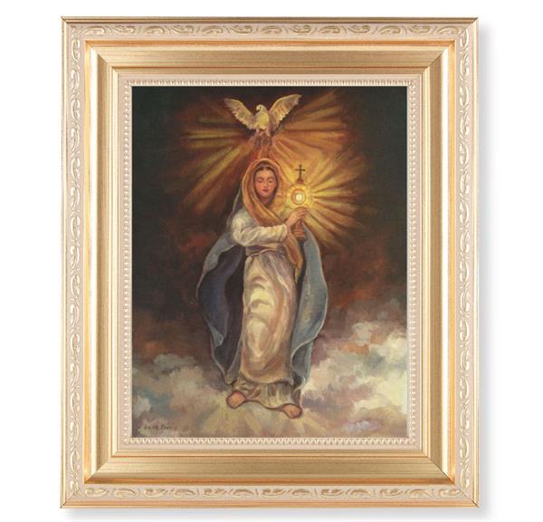 Mary with Monstrance, 11.5"x13.5" Satin Gold Frame, Distressed Finish with Scrollwork, Italian Print Under Glass # 26526