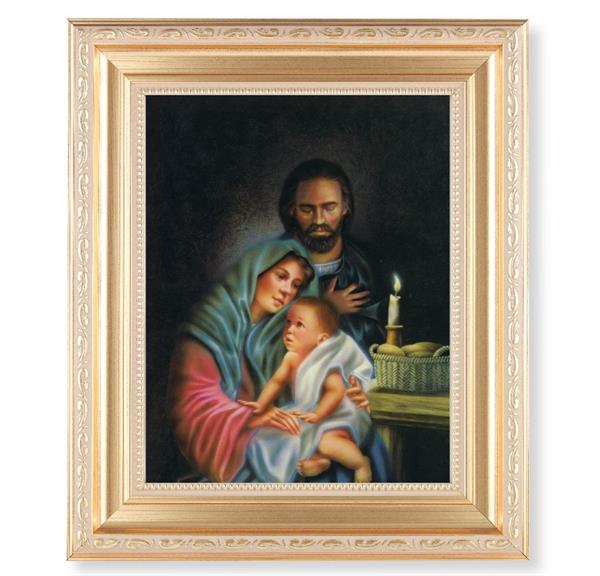 Holy Family Print, 11.5"x13.5" Satin Gold Frame, Distressed Finish with Scrollwork, Italian Print Under Glass # 26530