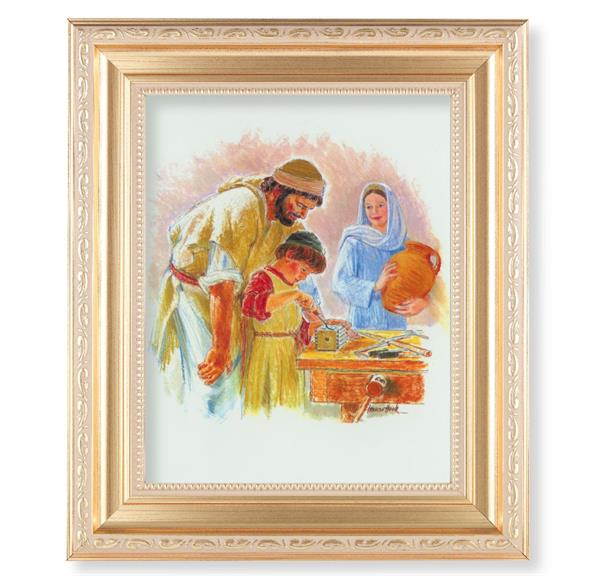 Hook: Jesus The Carpenter, 11.5"x13.5" Satin Gold Frame, Distressed Finish with Scrollwork, Italian Print Under Glass # 26531
