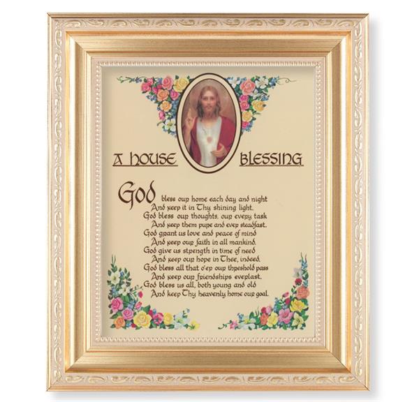 A House Blessing Picture, 11.5"x13.5" Satin Gold Frame, Distressed Finish with Scrollwork, Italian Print Under Glass # 26533