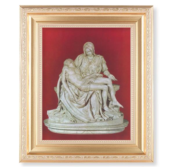 The Pieta Picture, 11.5"x13.5" Satin Gold Frame, Distressed Finish with Scrollwork, Italian Print Under Glass # 26541