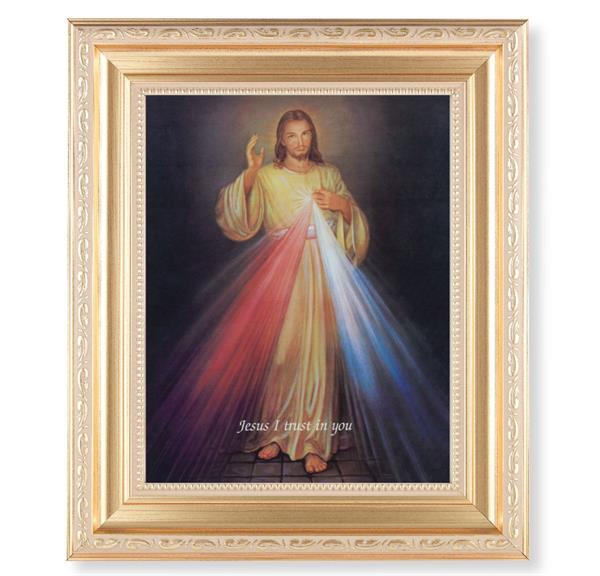 Divine Mercy Picture, 11.5"x13.5" Satin Gold Frame, Distressed Finish with Scrollwork, Italian Print Under Glass # 26542