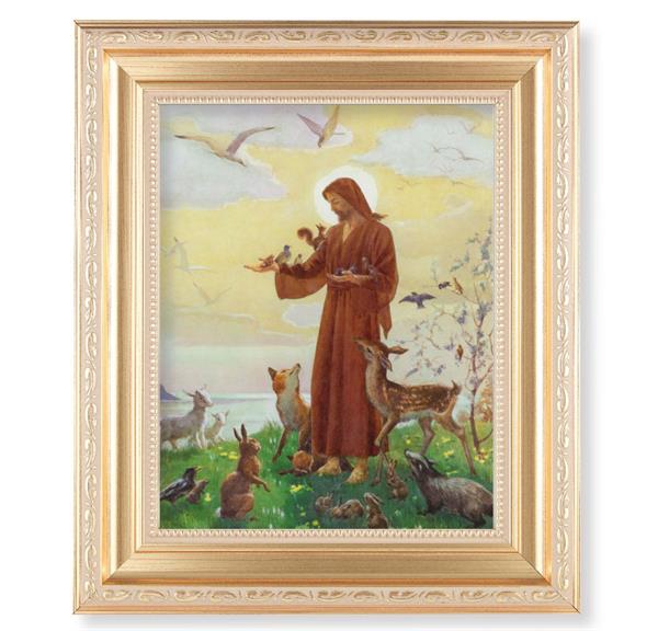 Jesus with Animals Picture, 11.5"x13.5" Satin Gold Frame, Distressed Finish with Scrollwork, Italian Print Under Glass # 26543