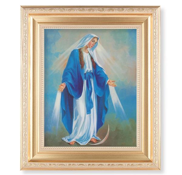 Our Lady of Grace Picture, 11.5"x13.5" Satin Gold Frame, Distressed Finish with Scrollwork, Italian Print Under Glass # 26545