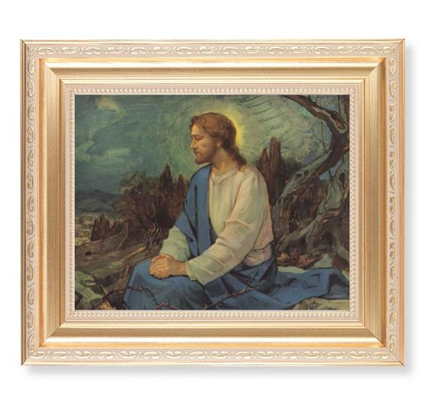 Meditation in The Garden Picture, 11.5"x13.5" Satin Gold Frame, Distressed Finish with Scrollwork, Italian Print Under Glass # 26546