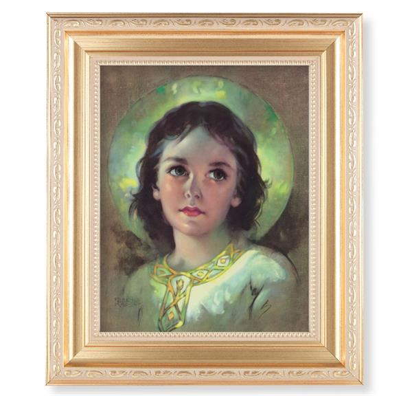 The Child Jesus Picture, 11.5"x13.5" Satin Gold Frame, Distressed Finish with Scrollwork, Italian Print Under Glass # 26547