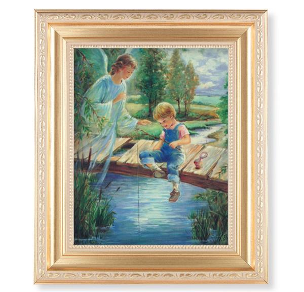 Guardian Angel with Boy Picture, 11.5"x13.5" Satin Gold Frame, Distressed Finish with Scrollwork, Italian Print Under Glass # 26548
