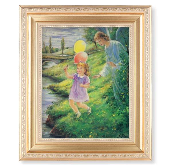 Guardian Angel with Girl Picture, 11.5"x13.5" Satin Gold Frame, Distressed Finish with Scrollwork, Italian Print Under Glass # 26549