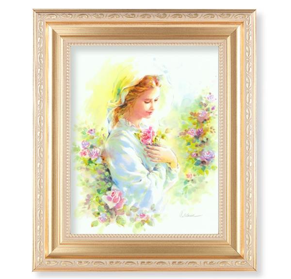 Blanc: Mystical Rose Picture, 11.5"x13.5" Satin Gold Frame, Distressed Finish with Scrollwork, Italian Print Under Glass # 26551