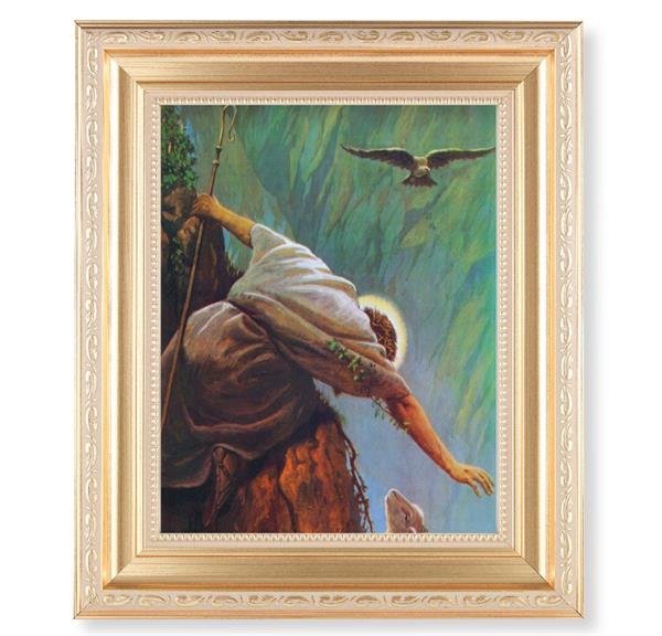 Hook: The Lost Sheep Picture, 11.5"x13.5" Satin Gold Frame, Distressed Finish with Scrollwork, Italian Print Under Glass # 26552