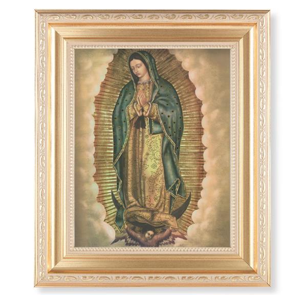 Our Lady of Guadalupe Picture, 11.5"x13.5" Satin Gold Frame, Distressed Finish with Scrollwork, Italian Print Under Glass # 26553