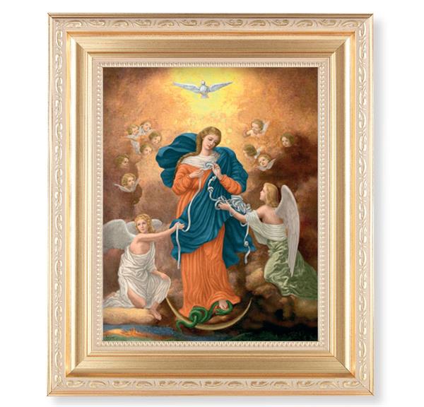 Our Lady Untier of Knots Picture, 11.5"x13.5" Satin Gold Frame, Distressed Finish with Scrollwork, Italian Print Under Glass # 26554