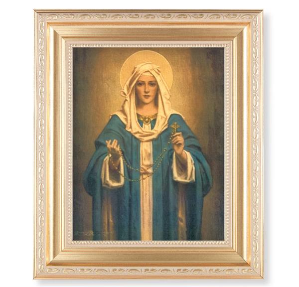 Our Lady of The Rosary Picture, 11.5"x13.5" Satin Gold Frame, Distressed Finish with Scrollwork, Italian Print Under Glass # 26555