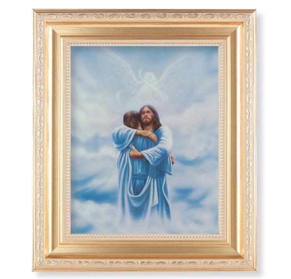 Welcome Home Reunion Picture, 11.5"x13.5" Satin Gold Frame, Distressed Finish with Scrollwork, Italian Print Under Glass # 26556