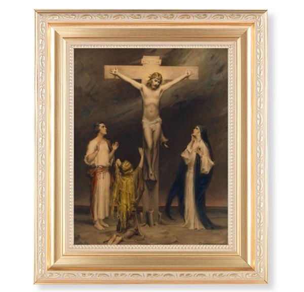 Chambers: The Crucifixion, 11.5"x13.5" Satin Gold Frame, Distressed Finish with Scrollwork, Italian Print Under Glass # 26558