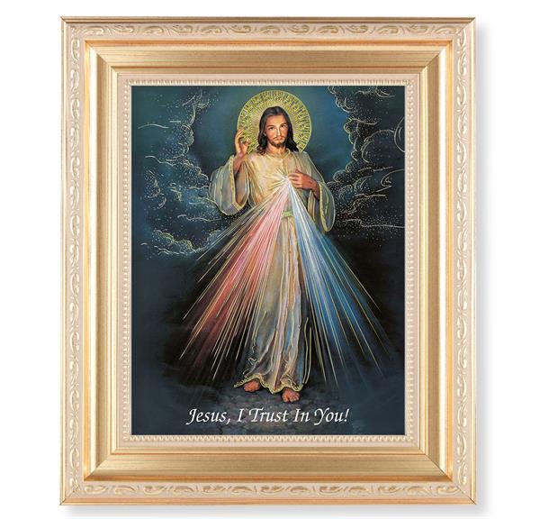 Divine Mercy, 11.5"x13.5" Satin Gold Frame, Distressed Finish with Scrollwork, Gold-Stamped Print Under Glass # 26560
