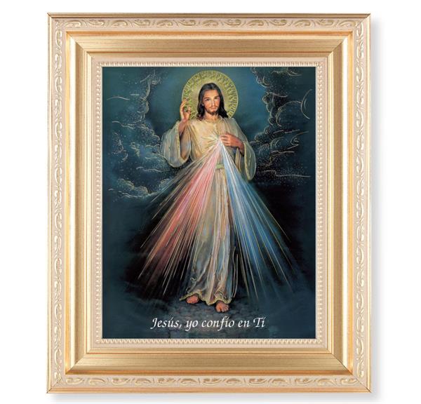 Spansh Divine Mercy, 11.5"x13.5" Satin Gold Frame, Distressed Finish with Scrollwork, Gold-Stamped Print Under Glass # 26561