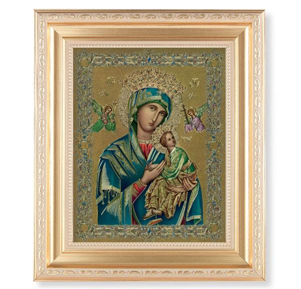Our Lady of Perpetual Help, 11.5"x13.5" Satin Gold Frame, Distressed Finish with Scrollwork, Gold-Stamped Print Under Glass # 26562