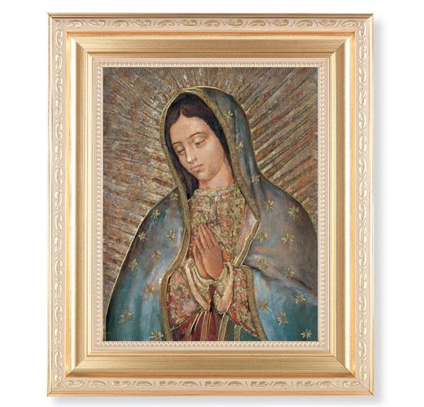 Our Lady of Guadalupe, 11.5"x13.5" Satin Gold Frame, Distressed Finish with Scrollwork, Gold-Stamped Print Under Glass # 26563