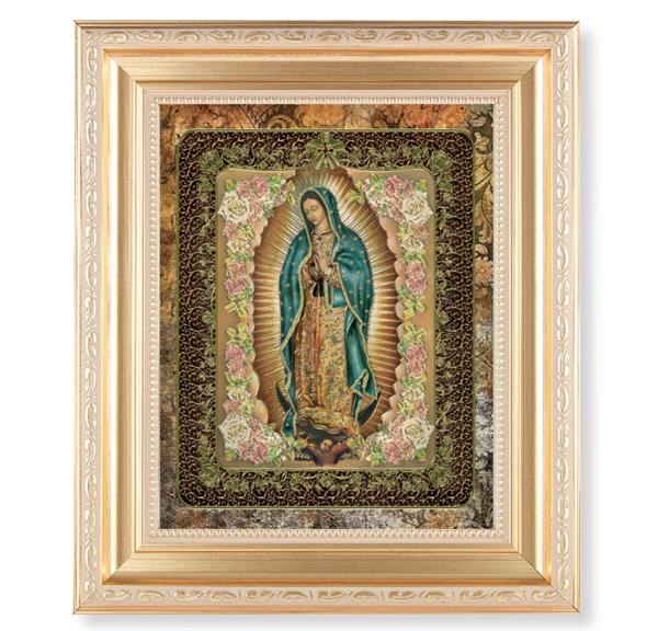 Our Lady of Guadalupe, 11.5"x13.5" Satin Gold Frame, Distressed Finish with Scrollwork, Gold-Stamped Print Under Glass # 26564