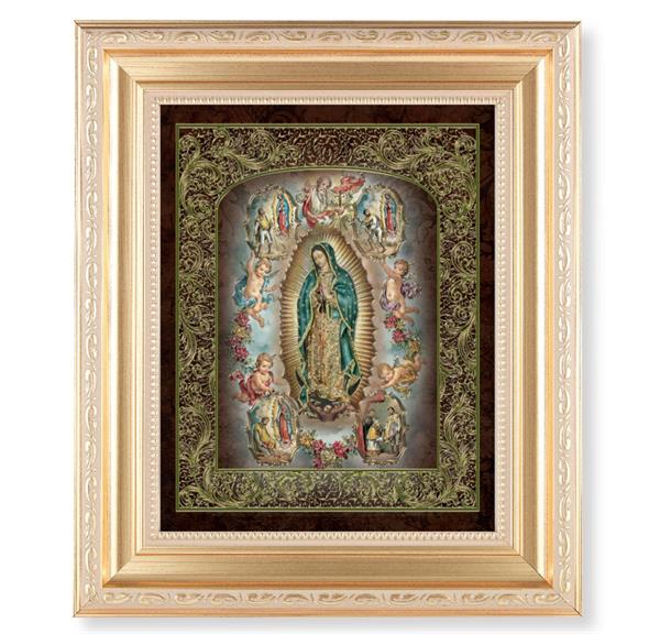 Our Lady of Guadalupe with Angels, 11.5"x13.5" Satin Gold Frame, Distressed Finish with Scrollwork, Gold-Stamped Print Under Glass # 26565