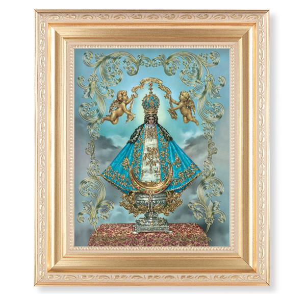 Virgen de San Juan, 11.5"x13.5" Satin Gold Frame, Distressed Finish with Scrollwork, Gold-Stamped Print Under Glass # 26566