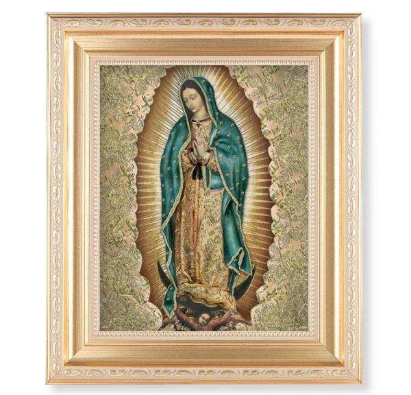 Our Lady of Guadalupe Picture, 11.5"x13.5" Satin Gold Frame, Distressed Finish with Scrollwork, Gold-Stamped Print Under Glass # 26567