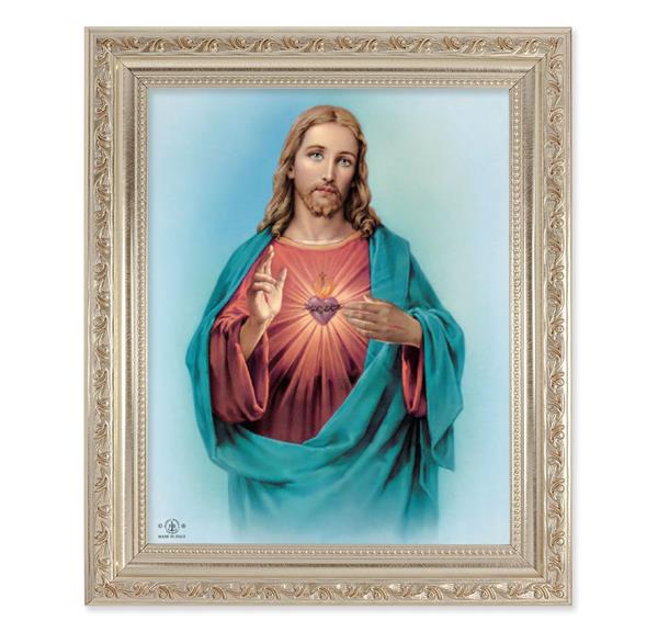 Sacred Heart, 10"x12" Antique Silver & Carved Scrollwork Frame, Italian Print Under Glass # 26748