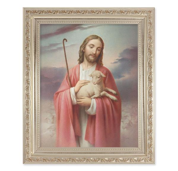 Good Shepherd, 10"x12" Antique Silver & Carved Scrollwork Frame, Italian Print Under Glass # 26749