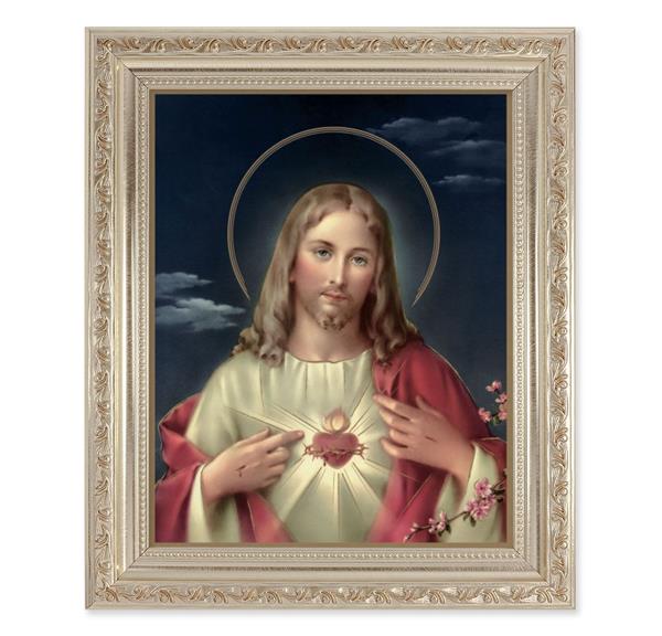 Sacred Heart of Jesus, 10"x12" Antique Silver & Carved Scrollwork Frame, Italian Print Under Glass # 26751