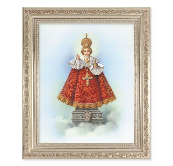 Infant of Prague, 10"x12" Antique Silver & Carved Scrollwork Frame, Italian Print Under Glass # 26752